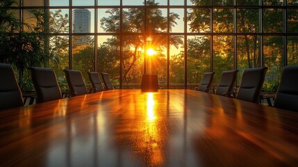 Sunrise through glass walls on conference table