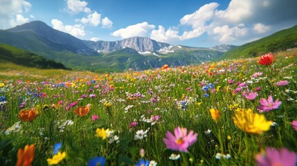 Obraz premium A vibrant meadow filled with colorful wildflowers against a backdrop of majestic mountains and a blue sky