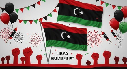 Libya Independence Day Celebration Vector with Flag, Fireworks, and Raised Fists 