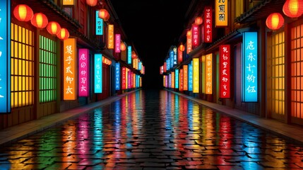 Vibrant neon signs illuminating a cobblestone street in a japanese town at night