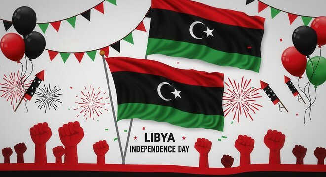 Libya Independence Day Celebration Vector with Flag, Fireworks, and Raised Fists 