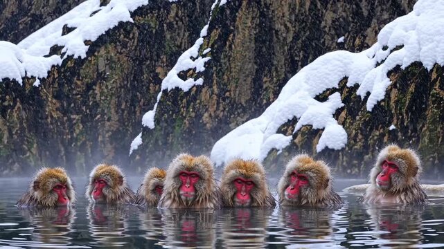 A serene video scene of snow monkeys bathing in a hot spring, captured at eye level, surrounded by snow-covered rocks in a tranquil setting.