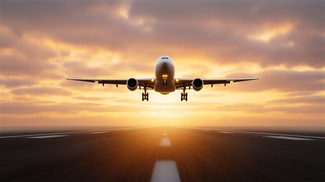 Passenger airplane taking off at golden sunset, front view over runway with glowing sky, symbolizing aviation, travel, freedom, transport, technology, exploration and modern global connectivity.