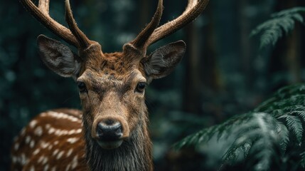 Obraz premium A Close-Up Portrait of a Majestic Deer in a Lush Green Forest Environment