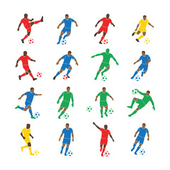 Colorful Soccer Player Silhouettes: Dynamic Action Poses, Flat Design, Sports Graphic.