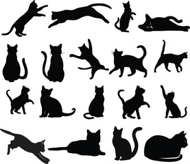 Funny cat icon.Collection of silhouette of funny cats in different poses. Vector illustration isolated on white background. Drawing with children.Halloween damn kittens.Cat is misbehaving and playing