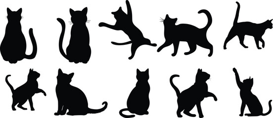 Funny cat icon.Collection of silhouette of funny cats in different poses. Vector illustration isolated on white background. Drawing with children.Halloween damn kittens.Cat is misbehaving and playing