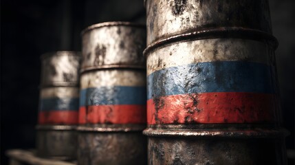 Oil barrel with Russian flag design standing on asphalt with blur background, concept of energy, fuel, petroleum, trade and industry economy