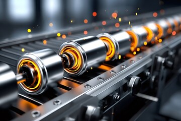 Industrial production line conveyer belt with rotating cylinders and sparks