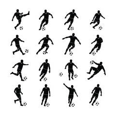 High-Quality Flat Vector Soccer Player Silhouettes: Sixteen Action Poses
