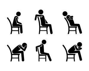 Bundle of black stickman icons in different sitting positions on chairs, minimalistic flat vector design, silhouette pictograms of people resting, leaning, and relaxing, isolated on white background.