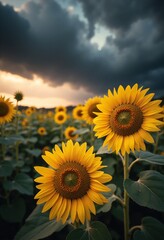 Fototapeta premium Sunflowers in a Field Under a Dramatic Stormy Sky
