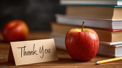 Appreciating Education: A still life composition, an arrangement featuring an apple, a small Thank You note and a stack of books on a dark, textured background conveys gratitude to learning