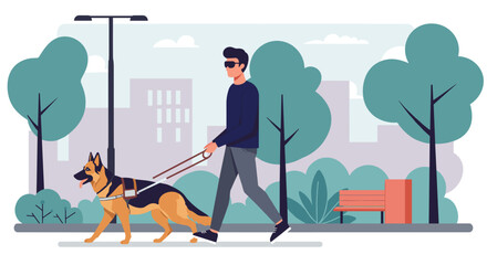 Blind man walking with guide dog in urban park, promoting accessibility and awareness for disabilities
