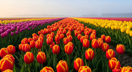 Vibrant Rows of Blooming Tulip Flowers in a Colorful Field Landscape