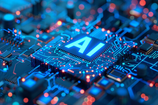 Micro data chip and glowing text AI on a blue circuit board background