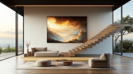 Sunset landscape art in modern home interior