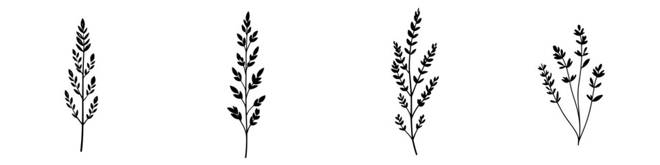 Obraz premium Minimalist black-and-white vector illustration of simple silhouette plant designs in various arrangements