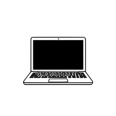Minimalist black-and-white vector illustration of a laptop with a simple silhouette design, representing modern technology and digital lifestyle