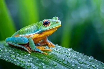Fototapeta premium Green frog resting on wet leaf in rainforest habitat