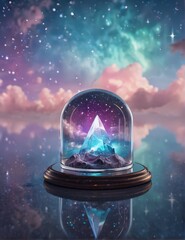 Glass Dome with Floating Geometric Shapes and Pastel Cosmic Background