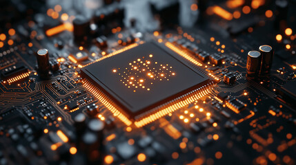3D microprocessor chip hovering above circuit board with electric pulses