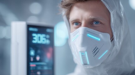 Healthcare Worker Wearing High-Tech Mask in Modern Medical Facility