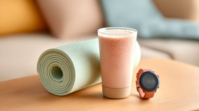 Refreshing Protein Smoothie Next to Workout Gear and Smart Watch