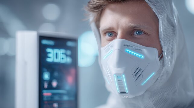 Healthcare Worker Wearing High-Tech Mask in Modern Medical Facility - Powered by Adobe
