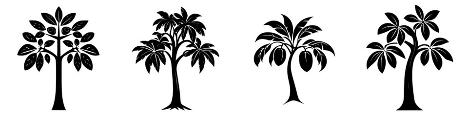 Obraz premium Collection of minimalist black-and-white vector tree icons showcasing different tree silhouettes in a simple design
