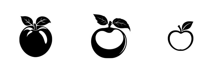 Minimalist black-and-white vector illustration of stylized apples in varying designs and sizes