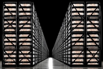 Rows of metal shelving, filled with light beige items, stretching into a dark space