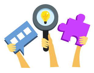 Hands Holding Puzzles, Chatting, and Magnifying Glass with Ideas. Concepts of teamwork, brainstorming, communication, problem solving, and creative ideas.