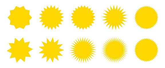 Set of yellow star burst shape tags for price. Circle sticker. Wavy edge promo badges. Blank sale stickers collection. Star vector icons.