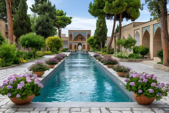 Fin garden in kashan showcasing persian architecture with reflecting pool and flowers