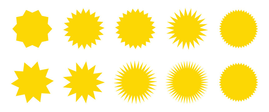 Set of yellow star burst shape tags for price. Circle sticker. Wavy edge promo badges. Blank sale stickers collection. Star vector icons.