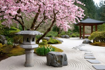 Japanese garden blooming with cherry blossoms in spring