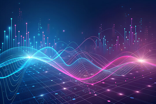 Vibrant digital data stream and analytics visualization with glowing blue and pink waves, representing modern technology and connectivity. generative ai