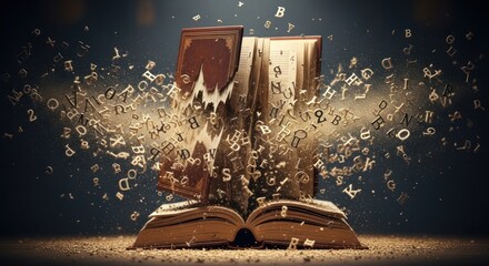 Open Book with Exploding Letters and Dust Particles