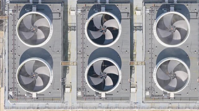 Internet infrastructure hub in Eemshaven, data center rooftop fans, aerial view