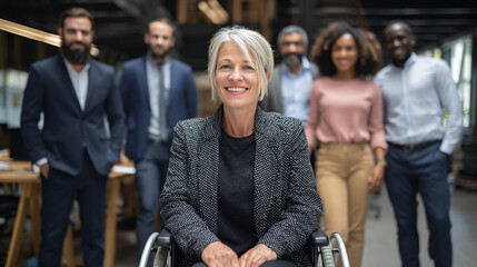 A woman in a wheelchair participating in a business meeting, Generative AI