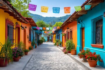 Obraz premium Papel picado decorating colorful houses in mexican town