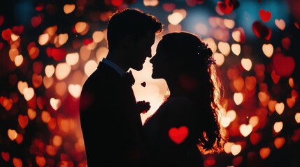 Couple silhouette with petals, lights, hearts, symbolizing love.