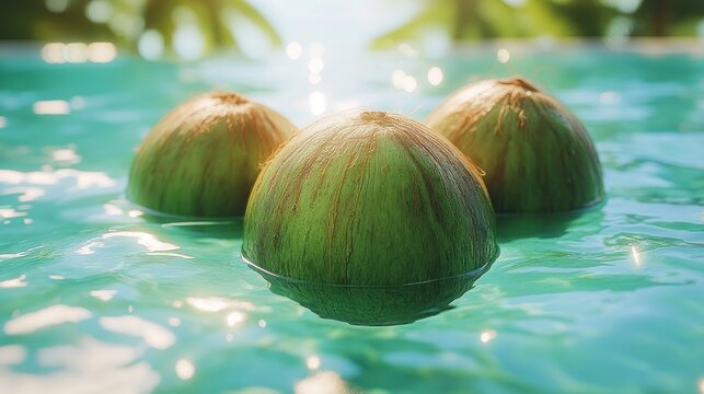 Three coconuts in turquoise water