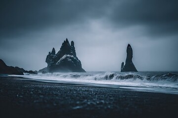 Dark, dramatic beach scene with jagged basalt rock formations