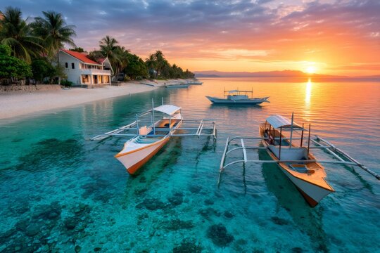 Traditional bangka boats floating on turquoise water at sunrise in moalboal, cebu, philippines - Powered by Adobe
