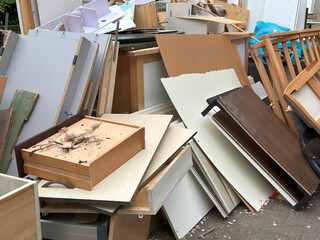bulky waste reduction, large pile discarded furniture and wooden panels, renovation or decluttering...