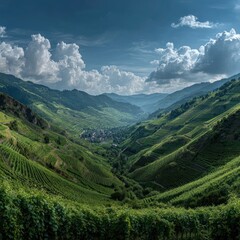 Fototapeta premium Lush valley with rolling hills and clouds