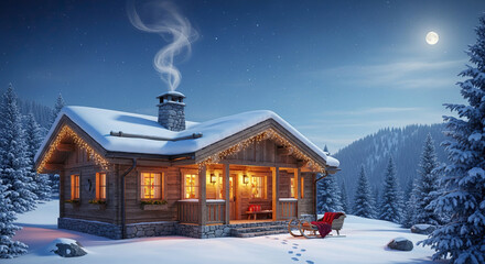 Cozy Cabin in a Snowy Winter Wonderland at Night