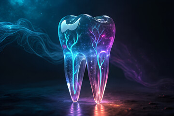 "Glowing Crystal Tooth with Nerves - Futuristic Dental Care and Oral Health Concept" generative ai